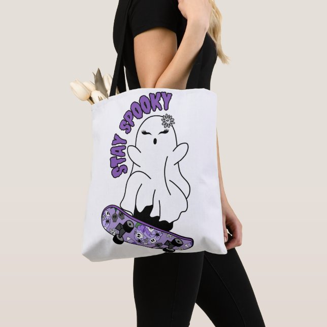 "Stay Spooky" Ghost on a Skateboard – Cool Purple Tote Bag (Close Up)