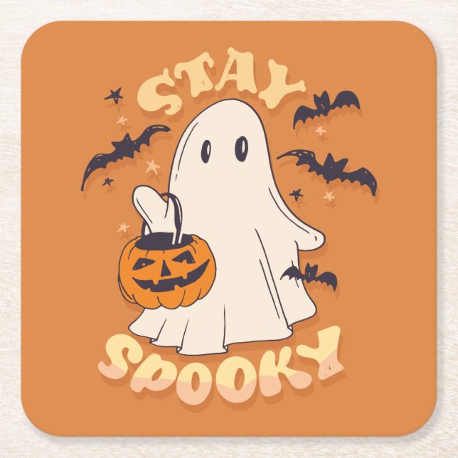 Stay Spooky Ghost Square Paper Coaster (Front)