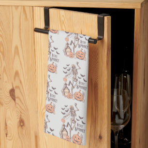Stay Spooky Graveyard Skeleton Grey Halloween Tea Towel