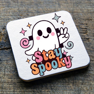 Stay Spooky Groovy Ghost Retro Pastel Halloween Square Paper Coaster
