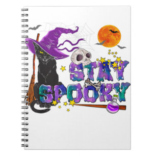 Stay Spooky Halloween Black Cat Witch Hat & Moon Notebook