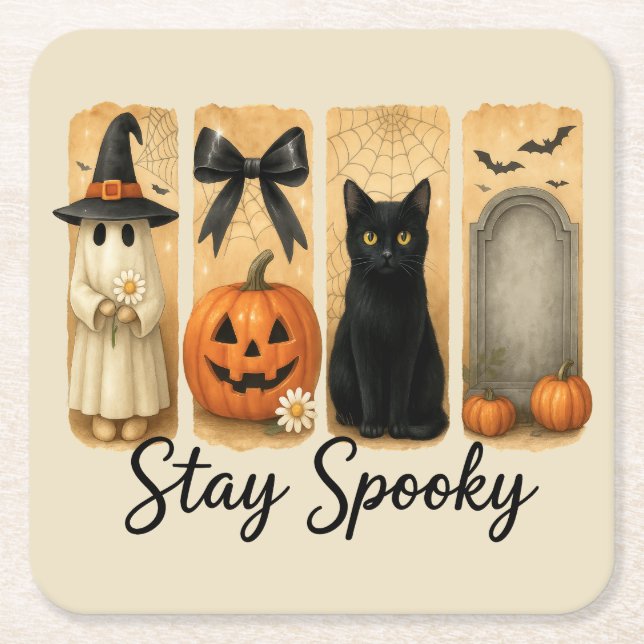 "Stay Spooky" Halloween Brush Stroke Cat Square Paper Coaster (Front)