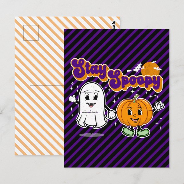 Stay Spoopy: Cute Halloween Ghost & Pumpkin Postcard (Front/Back)