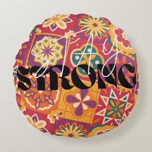 stay strong, retro 70s, floral patchwork, boho aes round cushion