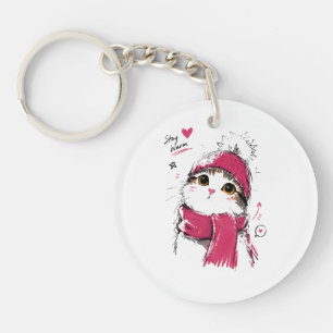 Stay Warm Cute Cat with Winter Beanie & Scarf Key Ring