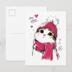 Stay Warm Cute Cat with Winter Beanie & Scarf Postcard