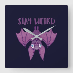 Stay Weird Cartoon Bat Square Wall Clock