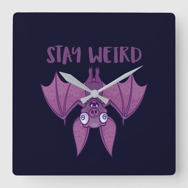 Stay Weird Cartoon Bat Square Wall Clock (Front)