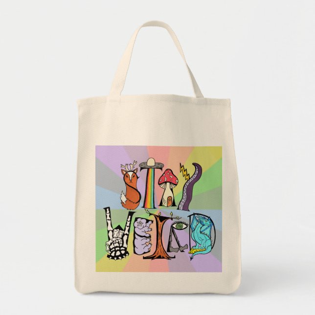 Stay Weird Grocery Tote Bag Rainbow Background (Front)