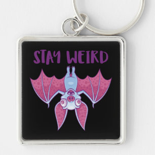 Stay Weird Quirky Albino Vampire Bat Cartoon Key Ring