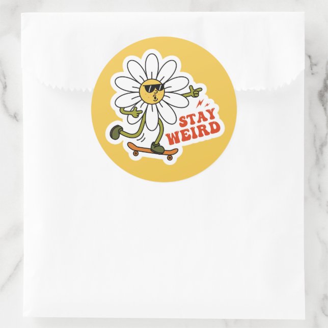 Stay Weird Skateboarding Daisy Classic Round Sticker (Bag)