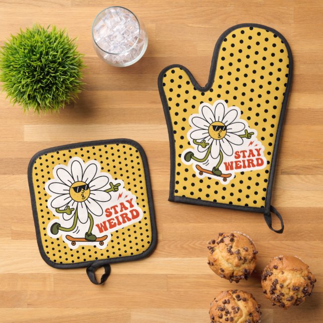 Stay Weird Skateboarding Daisy Oven Mitt & Pot Holder Set (Top Down)