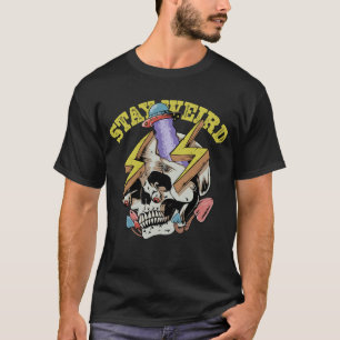 Stay Weird Vintage Skull UFO Illustration T-Shirt