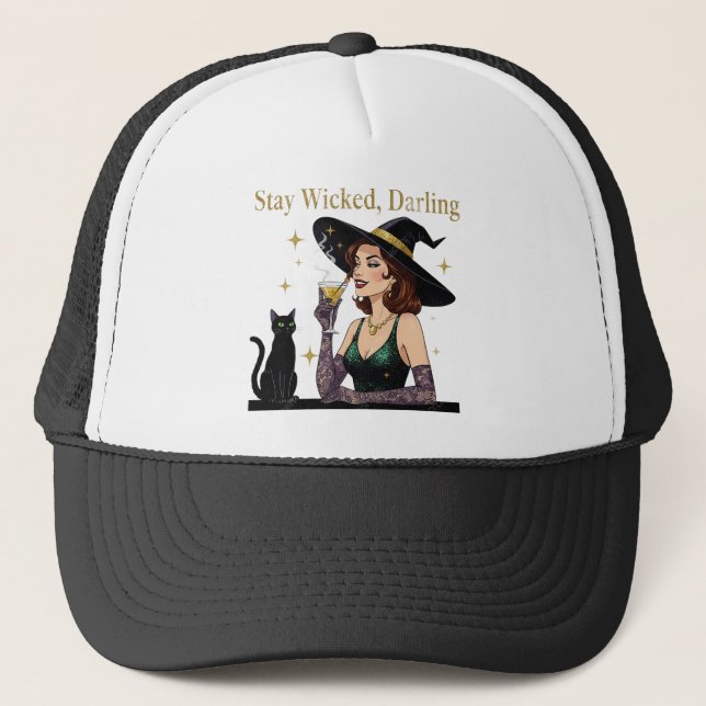 Stay Wicked Darling Retro Witch  Trucker Hat (Front)