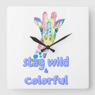 Stay Wild & Colorful – Cute Colorful Giraffe Water Square Wall Clock