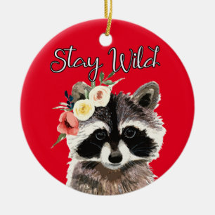 Stay Wild - Cute Racoon Wearing Flower Crown Ceramic Ornament