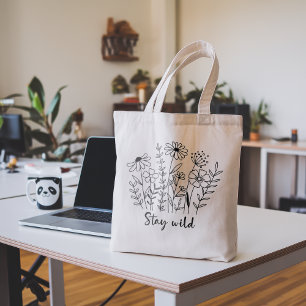 Stay Wild Floral Boho Line Art Tote Bag