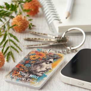 Stay Wild Flower Child Boho Man Floral Keychain
