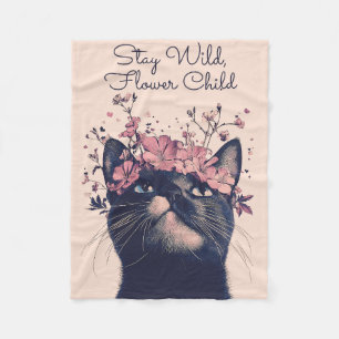 Stay Wild, Flower Child Cat Floral Fleece Blanket