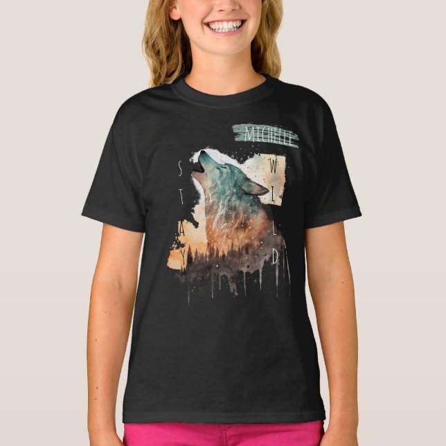 "Stay Wild" Howling Wolf Customisable Girl's T-Shirt (Front)