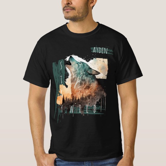 "Stay Wild" Howling Wolf Customisable   T-Shirt (Front)