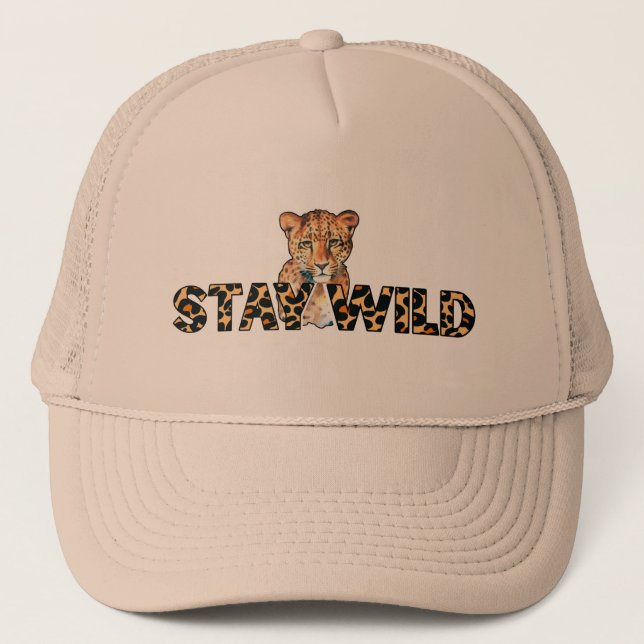 Stay Wild – Leopard Print & Cheetah Head Trucker Hat (Front)
