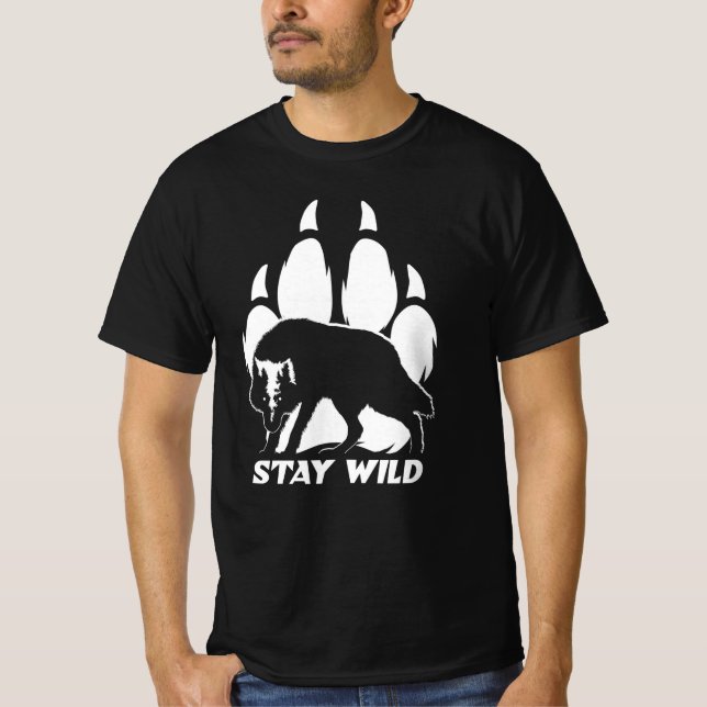 Stay Wild - Wolf silhouette and footprint T-Shirt (Front)
