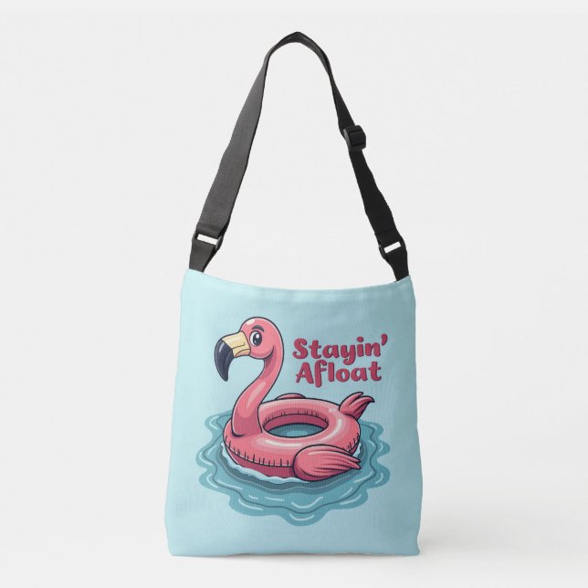 Stayin’ Afloat Funny Flamingo Pool Float Retro Crossbody Bag (Front)