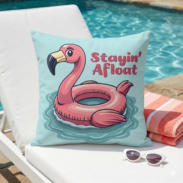 Stayin’ Afloat Funny Flamingo Pool Float Retro Cushion (Stayin’ Afloat Funny Flamingo Pool Float Retro Throw Pillow Mockup A)