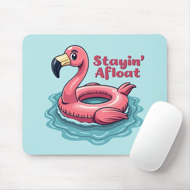 Stayin’ Afloat Funny Flamingo Pool Float Retro Mouse Pad (With Mouse)