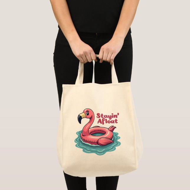 Stayin’ Afloat Funny Flamingo Pool Float Retro Tote Bag (Front (Product))