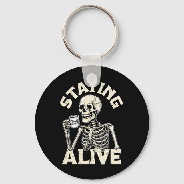 Staying Alive Funny Halloween Skeleton Drinking Co Key Ring (Front)