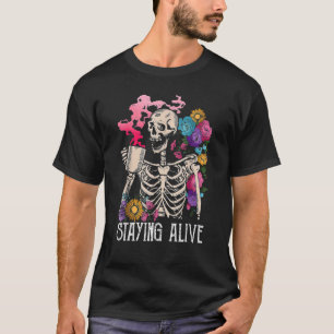 Staying Alive Skeleton Drinking Coffee Spooky Vibe T-Shirt
