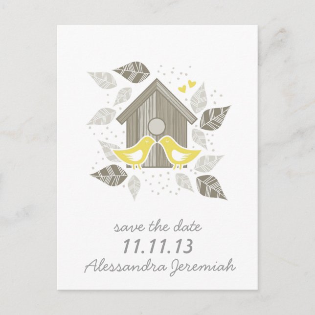 std yellow kissing birds announcement postcard (Front)