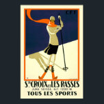 "Ste Croix et Les Rasses" Swiss Vintage Travel Poster<br><div class="desc">A beautiful vintage travel poster issued by the Swiss Federal Railways advertising the ski resorts of Sainte Croix and Les Rasses. It is in an art deco style and shows a beautifully dressed young woman wearing skis.</div>