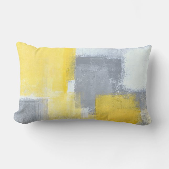 'Steady' Grey and Yellow Abstract Art Lumbar Cushion (Front)