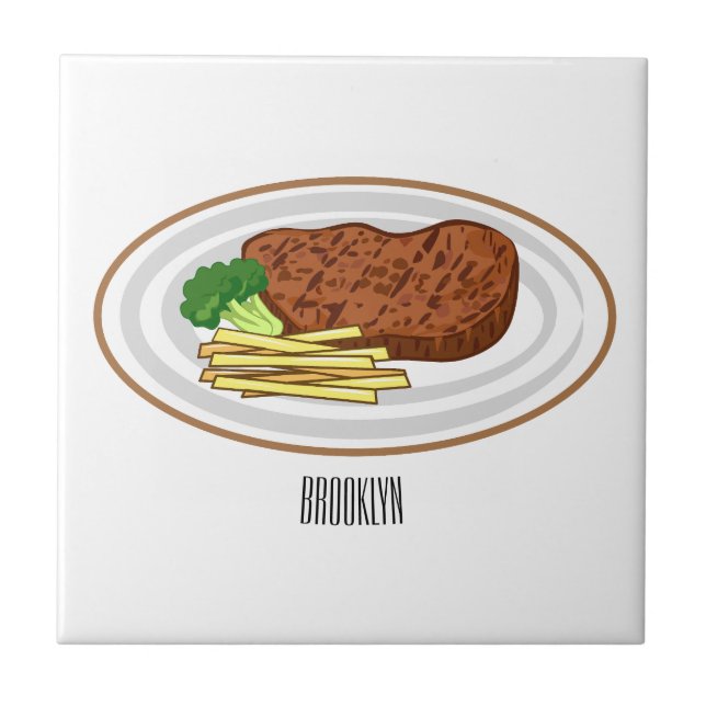 Steak cartoon illustration ceramic tile (Front)