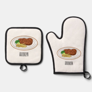 Steak cartoon illustration oven mitt & pot holder set