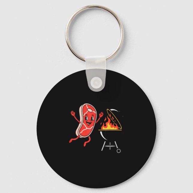 Steak dive funny flying steak bbq grilling cartoon key ring (Front)