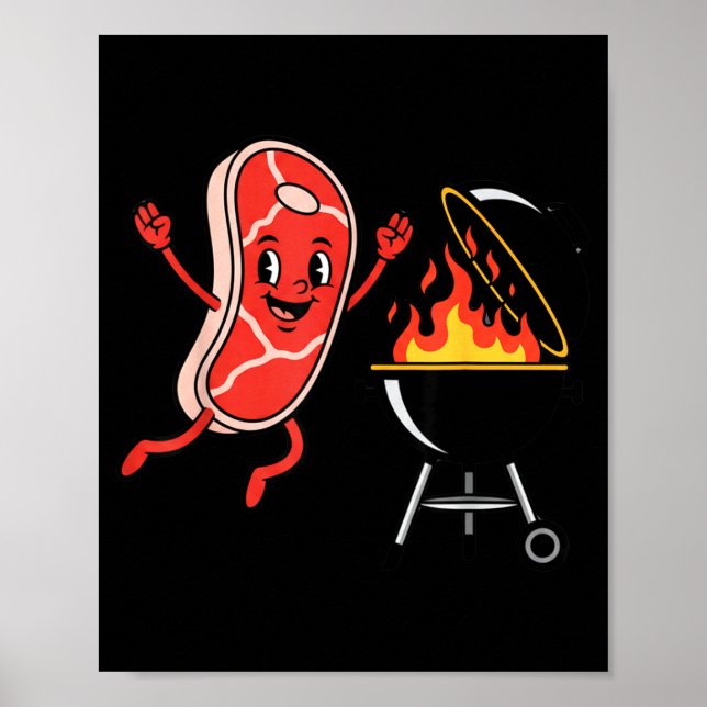Steak dive funny flying steak bbq grilling cartoon poster (Front)