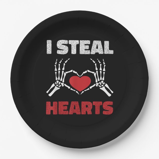Steal Hearts Valentines Day Funny Skeleton Hand Paper Plate (Front)