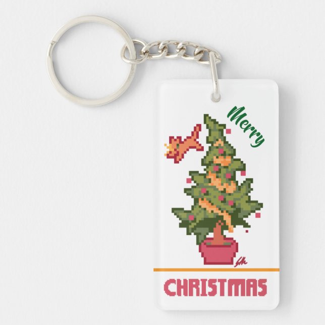stealing cat, tree, Pixel Art, Merry Christmas  Key Ring (Front)