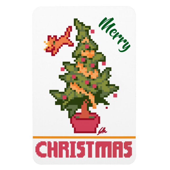 stealing cat, tree, Pixel Art, Merry Christmas  Magnet (Vertical)