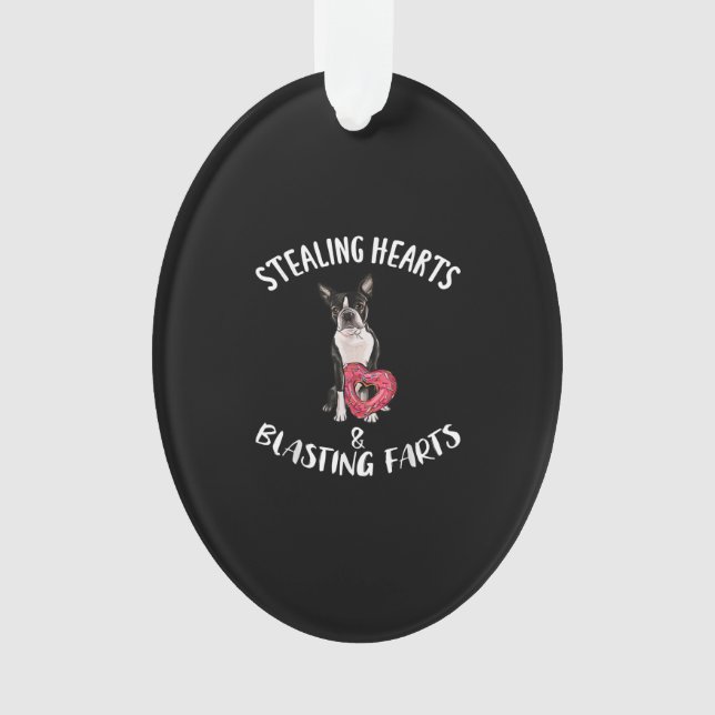 Stealing Hearts Blasting Farts Boston Terrier Ornament (Front)