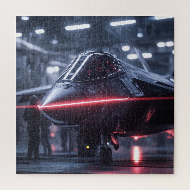 Stealth Jet in Rainy Hangar – Sci-Fi Puzzle (Vertical)