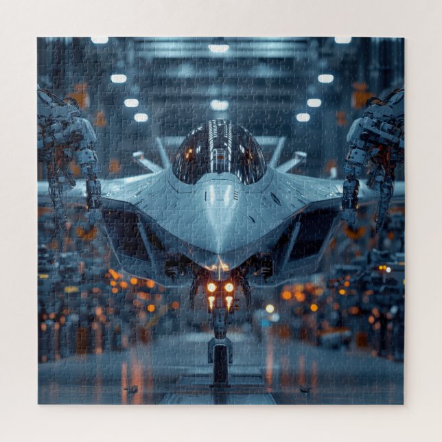 Stealth Jet in Robotic Hangar – Sci-Fi Puzzle (Vertical)