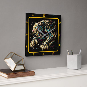 Stealth Panther Neon Light Timekeeper Square Wall Clock
