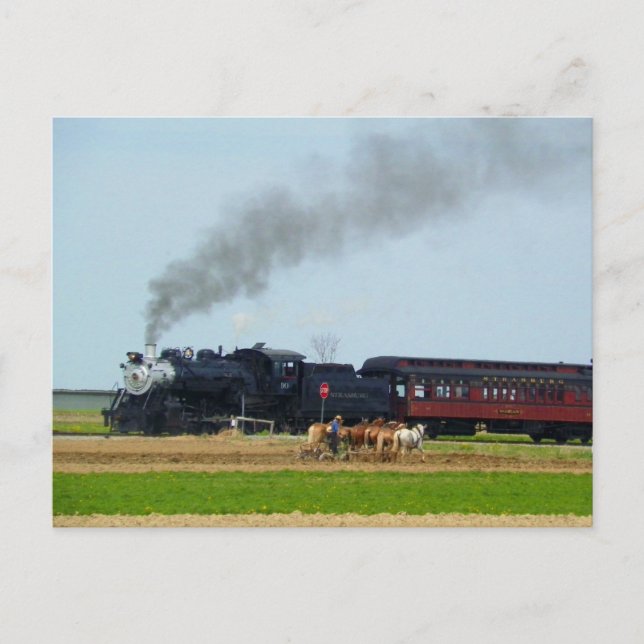 Steam Engine and Amish Farmer Postcard (Front)