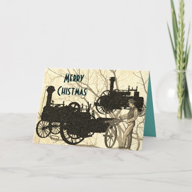 Steam Engine Farm Tractor Traction Farming Antique Holiday Card (Front)