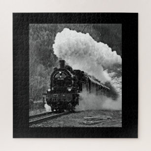 Steam engine locomotive black white train forest jigsaw puzzle